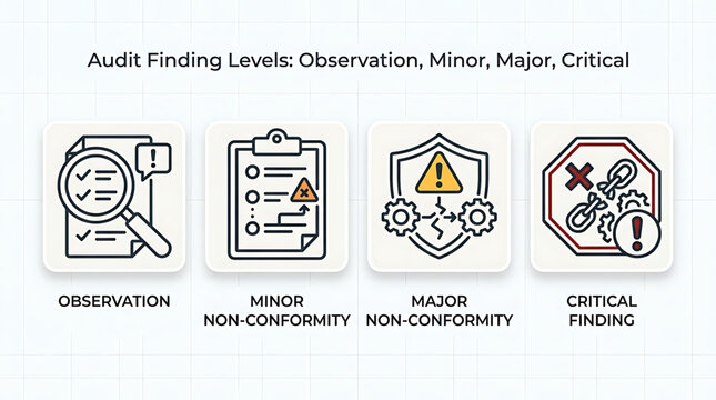 Audit finding levels are categorized into Observation, Minor Non-Conformity, Major Non-Conformity, and Critical Finding icons