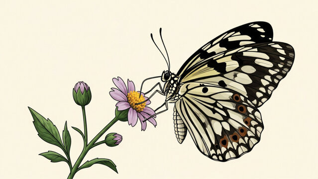 Detailed botanical illustration of a black and white butterfly on a purple flower, vintage nature art style, clean background, AI generated.