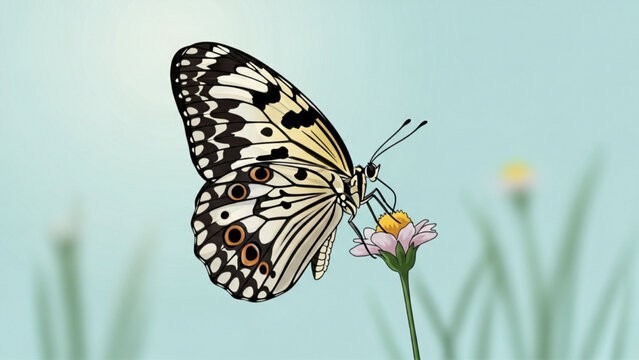Paper Kite Butterfly Illustration Feeding on Pink Flower, Soft Blue Background, Nature Art