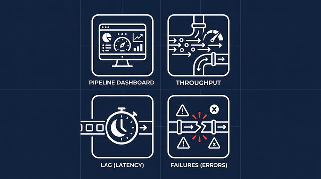 The graphic illustrates a technical dashboard displaying pipeline monitoring metrics with latency and error icons on a screen.