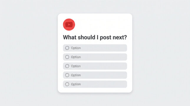 YouTube poll interface UI mockup with what should I post next question, red brand icon, community engagement survey options, light mode