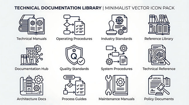 Minimalist vector icons depict technical documentation library elements in a clean design
