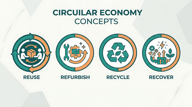 Circular economy concepts illustration shows reuse, refurbish, recycle, recover icons