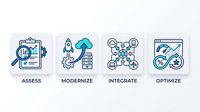 A business process optimization concept with assess, modernize, integrate and optimize steps illustrated in a technological environment for industry professionals.