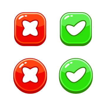 Glossy Checkmark and Cross Button Set with Square and Round Shapes Vector