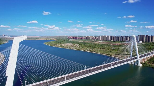 Aerial Scenery of Ulan Mulun River and Ordos Bridge in Kangbashi New District, Ordos, Inner Mongolia, China