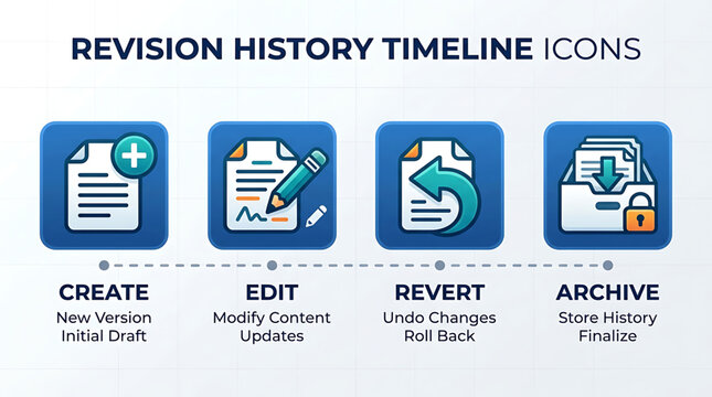 Revision history icons illustrate create edit revert archive timeline