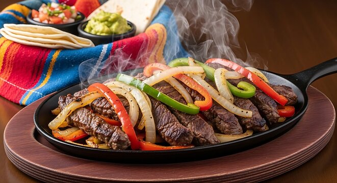  Mexican cuisine : sizzling cast-iron skillet filled with steak fajitas, set on a dark wooden trivet. Strips of marinated, seared skirt steak are pile