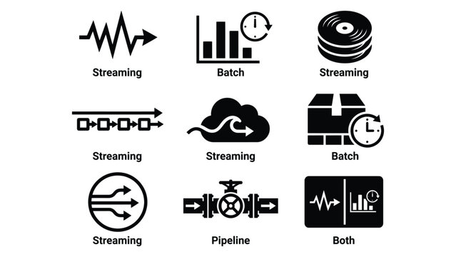 Data analytics icons set for streaming, batch processing, pipeline, and workflow