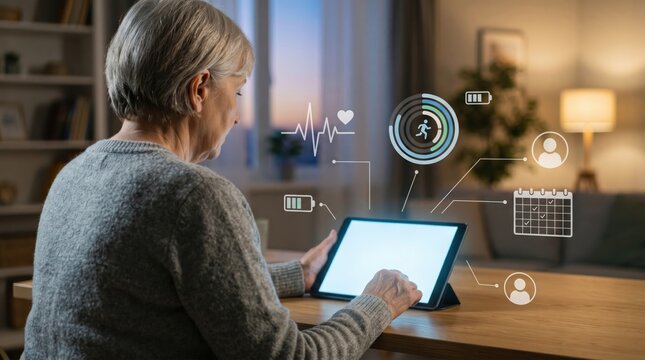 Senior woman using fitness tracking application on tablet, viewing heart rate and activity steps data with holographic interface, healthy lifestyle and wellness concept