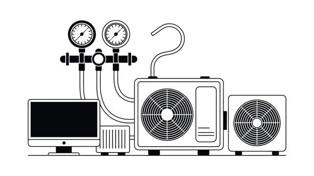 Line art vector icon of HVAC maintenance equipment featuring pressure gauge meter display monitor compressor refrigeration unit and ventilation fan