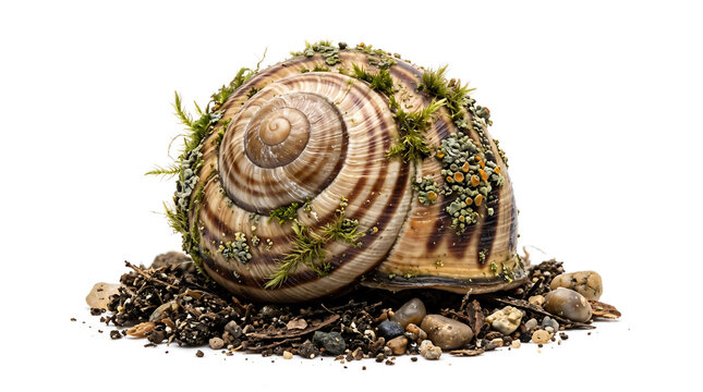 A single, isolated spiraled snail shell with delicate moss and lichen growth, resting on a thin bed of soil and pebbles on pure white background