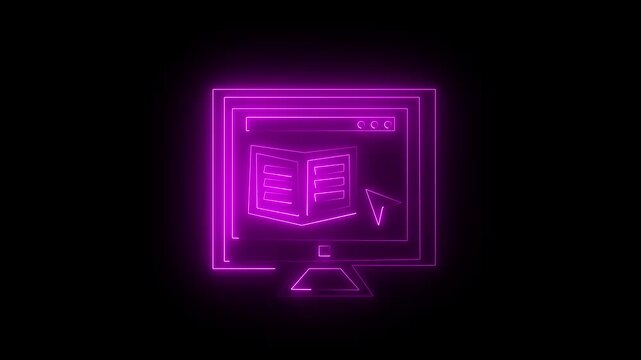 Neon glowing computer screen displaying online education with book and cursor icon 4k video animation
