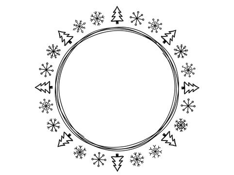Christmas frame with snowflakes and trees, winter border