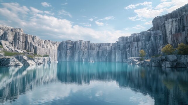 Hyperrealistic shot of abandoned quarry with turquoise water reflection Canon EOS R5 24mm f11
