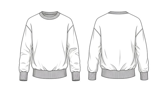 Technical fashion sketch of a crew neck sweatshirt, front and back view, flat vector illustration