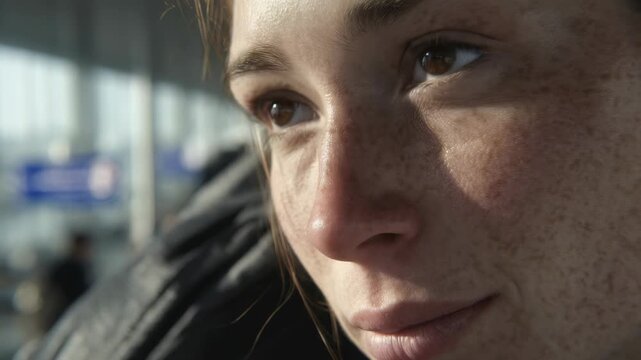 Detailed close up woman's face shows her natural freckles, expressive brown eyes, capturing moment quiet contemplation. Background features softly blurred, bright indoor environment