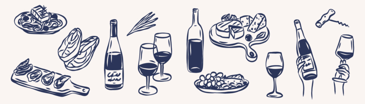 Hand drawn wine dinner elements. Line art food and drinks
