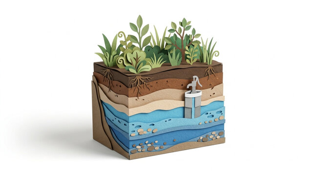 Cross section of earth showing soil layers and water table.