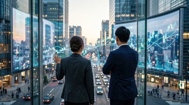 Business professionals analyzing financial market data and city skyline trends through glass window in modern corporate office building with digital overlay graphics