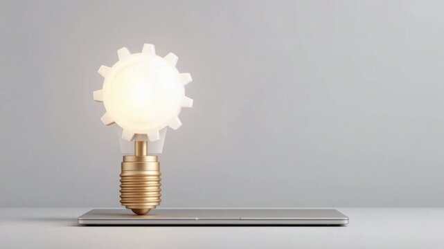 Light bulb shaped like gear resting on closed laptop with gray background symbolizing innovation creativity technology and solution concept for business and industry