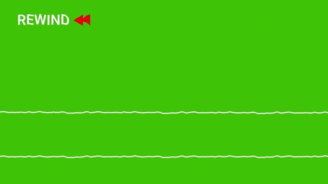 REWIND text and a double arrow rewind symbol isolated on a green screen. playback green screen background 4k