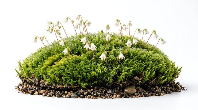  A single, isolated dense cushion of bright green moss with tiny white bell-shaped flowers, resting on a thin bed of soil and pebbles on pure white background