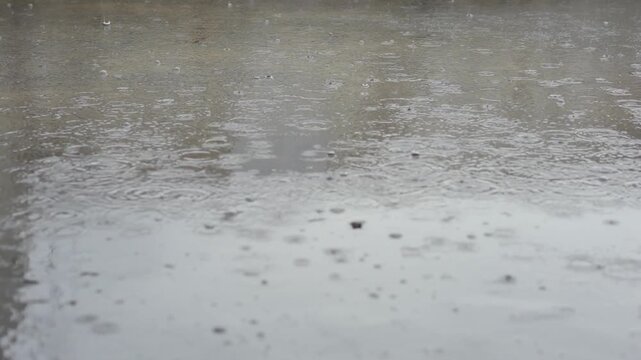Raindrops falling on wet asphalt street in urban city, close-up view of puddles and water splashes