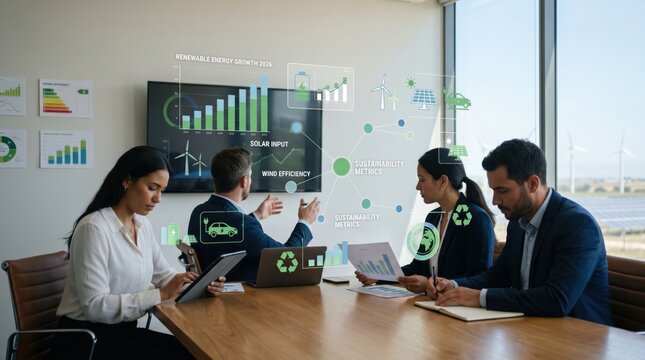 Corporate group reviewing renewable energy growth statistics and solar input efficiency metrics on large display