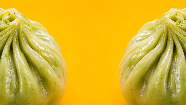 Symmetrical Green Steamed Dumplings on Yellow Background