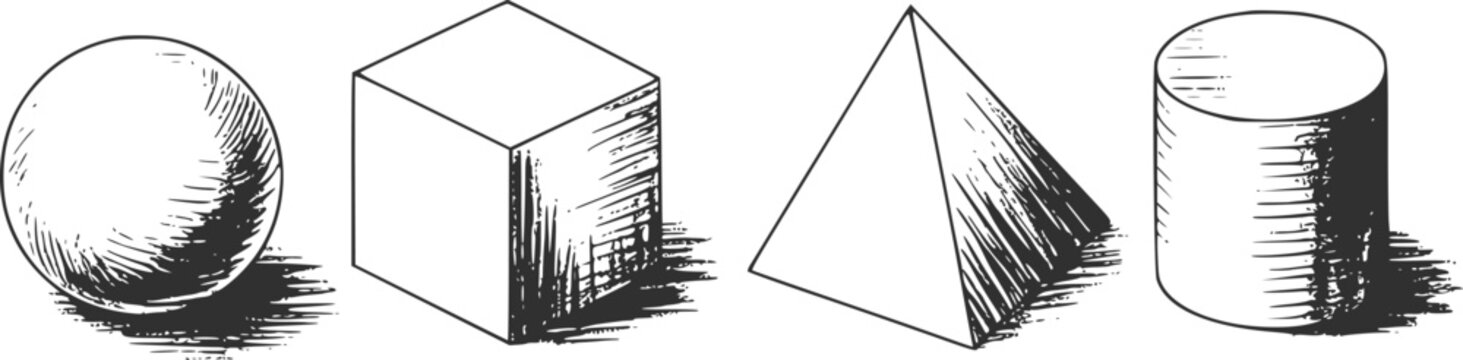 A collection of basic geometric shapes including a sphere, cube, pyramid, and cylinder in a vintage style