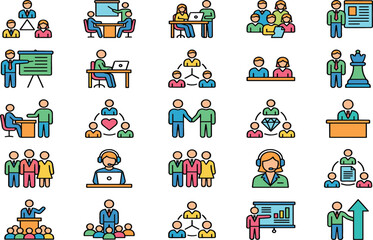 Naklejka premium Corporate Management and Business Teamwork Color Icon Set with Office Leadership Training Structure and HR Meeting Symbols