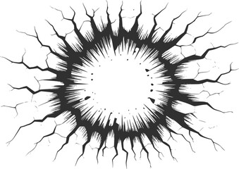 A black and white of a circular impact crater with radiating cracks on a clean white background © simplevector