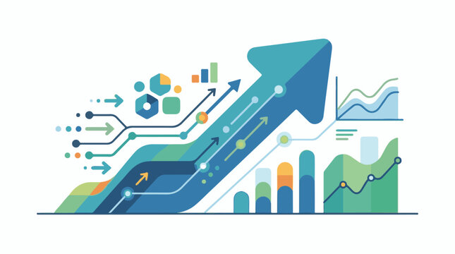 Abstract upward arrow with interconnected data points and charts