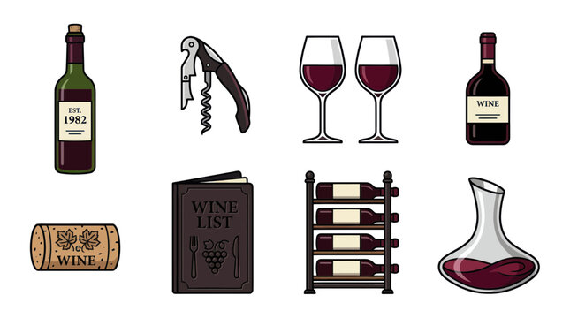 Wine and wine glasses icons set.