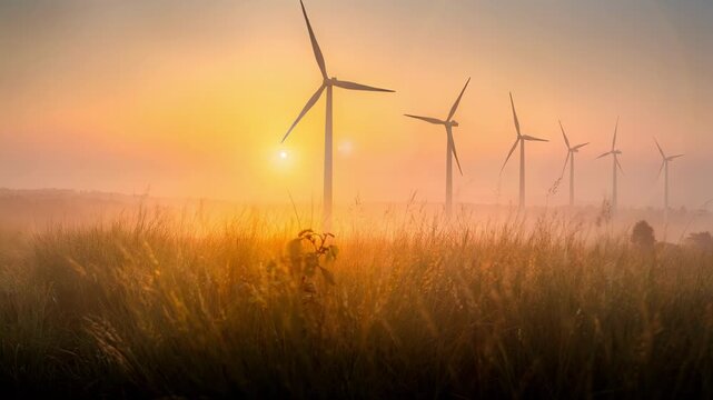 Serene sunrise over a green grassy field with gently spinning wind turbines in the morning light