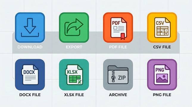 File types icons for download support including documents, spreadsheets, archives, and images on a computer screen.