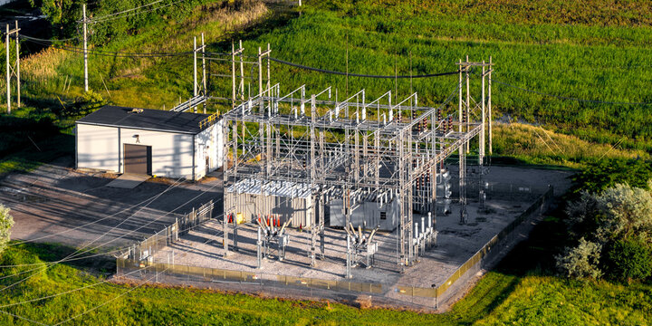 Electrical substation managing power distribution from aerial view