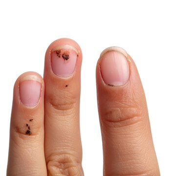 Close-up of two fingers with damaged nails and dark spots
