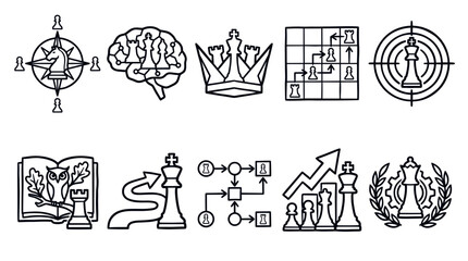 Chess Intelligence and Strategic Thinking Outline Icon Vector Set © irvan