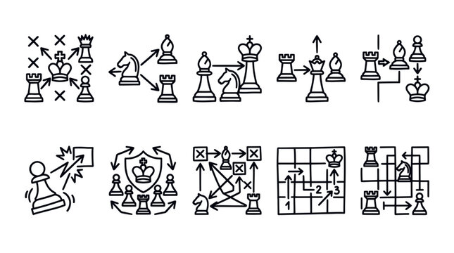 Chess Strategy and Tactical Planning Outline Icon Collection