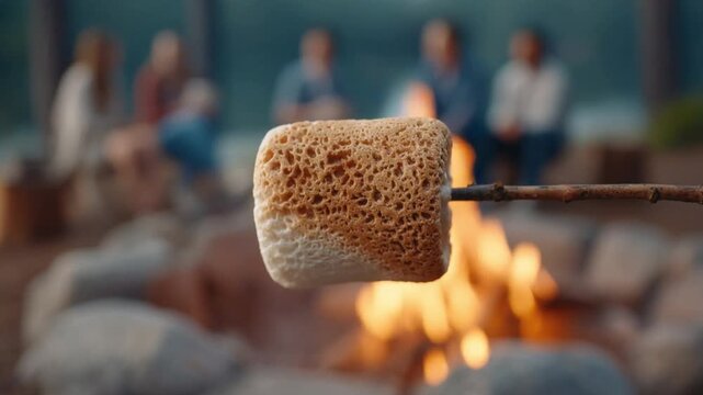 Close-up of toasted marshmallow on a stick being roasted over a campfire with blurred people socializing in the background outdoor camping setting nature activity