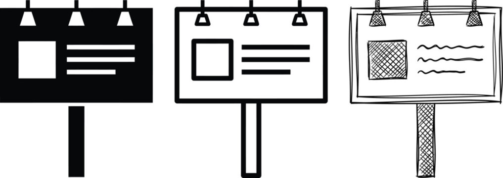 Outdoor billboard advertisement icons showing large display board in solid line and hand drawn sketch styles for marketing promotion signage announcement media board vector ilustration.