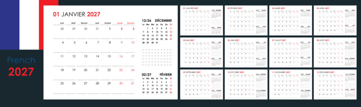 French 2027 calendar template, complete 12 months set, horizontal wall or desk calendar sheets, week starts on Monday