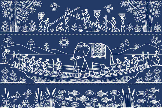 Warli tribal style illustration of a decorated elephant and villagers crossing a traditional bamboo bridge over a peaceful river, symbolizing unity, rural life, cultural heritage, and harmony with nat