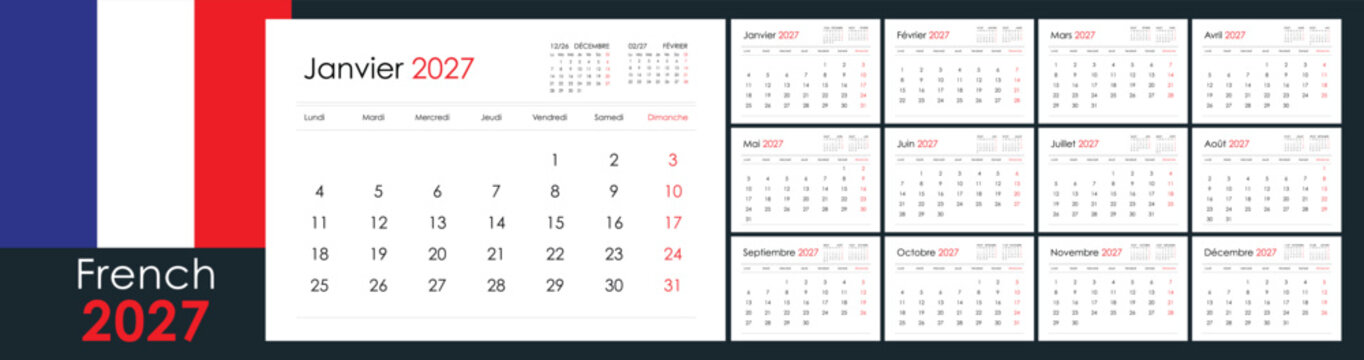 French 2027 planner calendar, annual 12 months boards