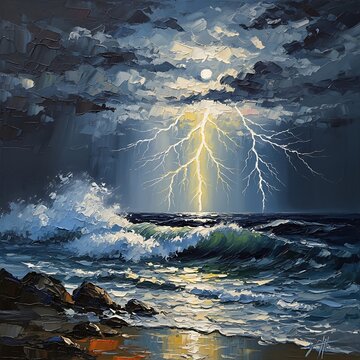 Dramatic Lightning Storm Over Ocean Scene at Night.
