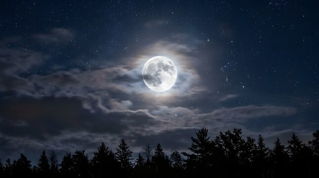 Full Moon Shining Brightly in a Starry Night Sky Over Silhouetted Trees