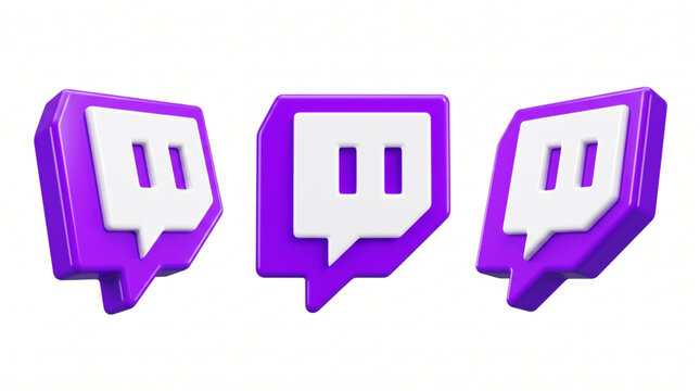 Twitch logo icon 3d render variations on white background, purple and white glossy brand logotype for social media streaming, editorial use only