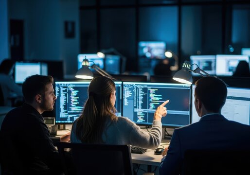 Team of software developers working on code in dark office
